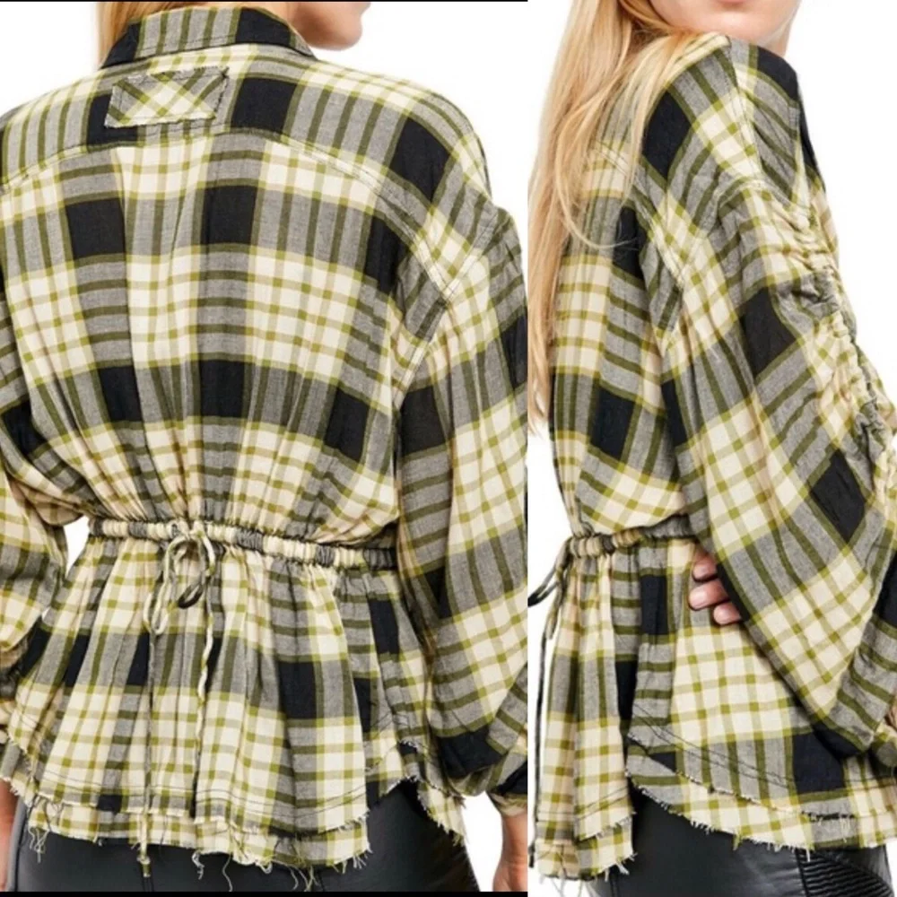Free People Pacific Dawn Black Plaid Top Sz S